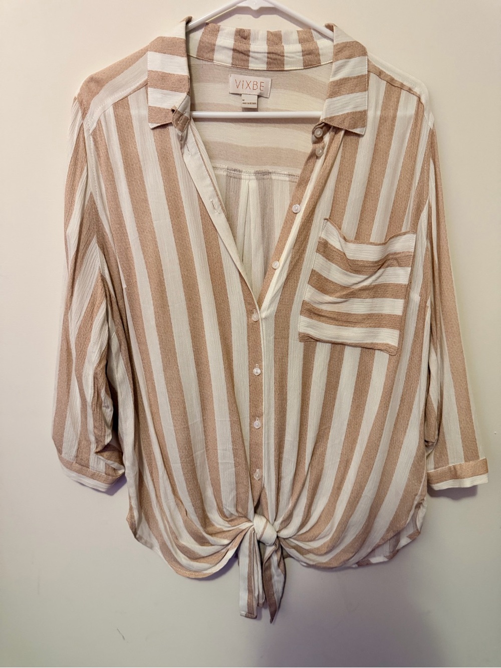 Beige & White Striped Tie-Front Button-Up Shirt